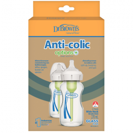 Dr. Browns Options + Anti-colic WB 92700 Γυάλινο Μπιμπερό με Φαρδύ Λαιμό με Θηλή Σιλικόνης 2x270ml